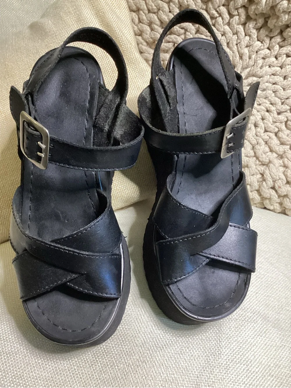 Black Platform Wedge Sandals with Buckle Strap